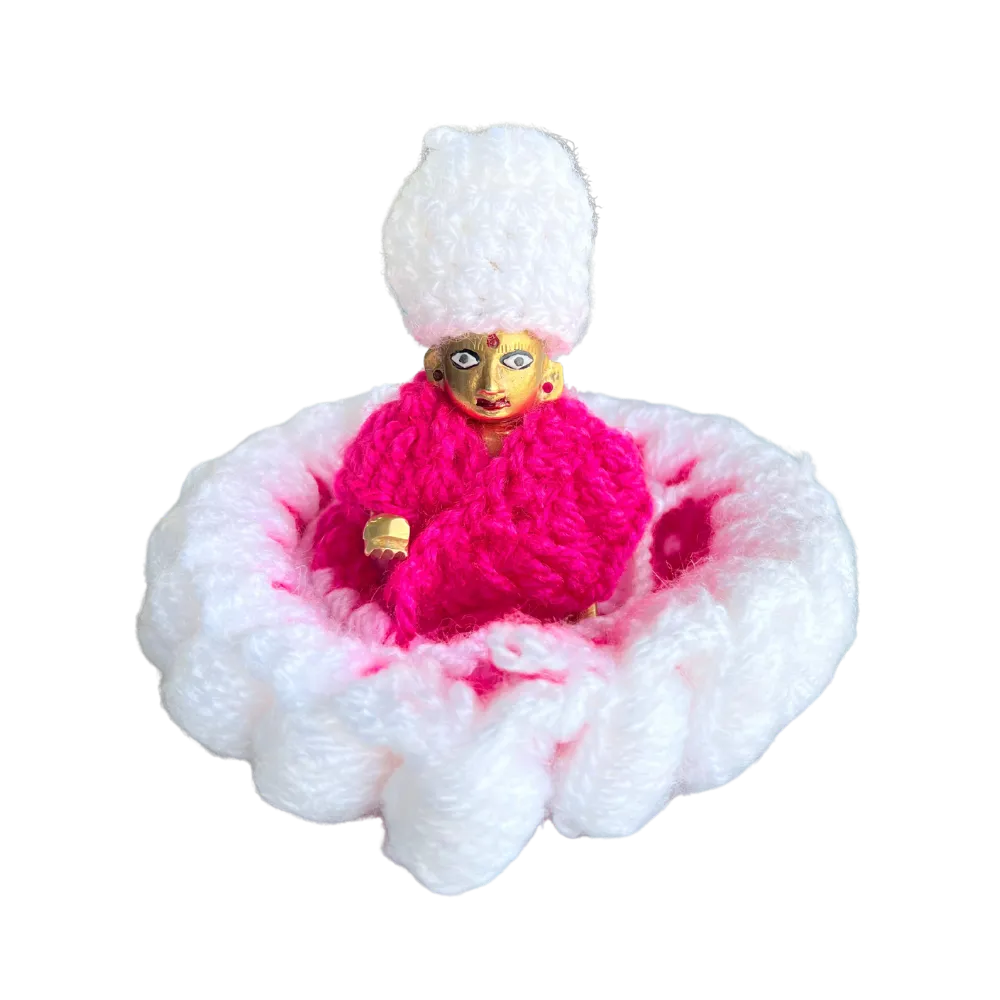 Laddu Gopal Woolen Dress New Design White and Pink Color Dress with Cap (2)