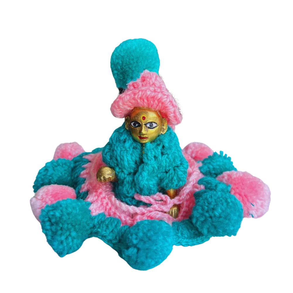 Laddu Gopal Woollen Dress, Turquoise and Pink Dress With Cap (2)